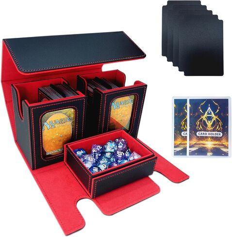 مربع تخزين بطاقة MTG Commander-يناسب 200 بطاقات مزدوجة الأكمام ، و 3 في 1-in-1card ، ومنظم بطاقات المغناطيس القوي لـ Magic Commander TCG CCG ، و 4 Diversers & 2 Toploaders (Black & Blue) in Saudi Arabia