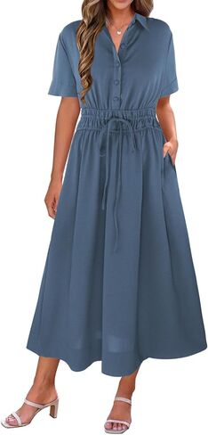 ECOWISH Womens Midi Dress Summer Spring Short Sleeve Button Front Casual A Line Maxi Shirt Dresses with V Neck Pockets 2025 in Saudi Arabia