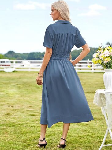 ECOWISH Womens Midi Dress Summer Spring Short Sleeve Button Front Casual A Line Maxi Shirt Dresses with V Neck Pockets 2025 in Saudi Arabia