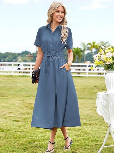 ECOWISH Womens Midi Dress Summer Spring Short Sleeve Button Front Casual A Line Maxi Shirt Dresses with V Neck Pockets 2025 in Saudi Arabia