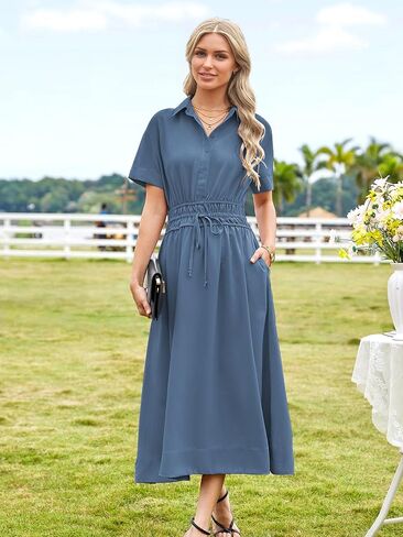 ECOWISH Womens Midi Dress Summer Spring Short Sleeve Button Front Casual A Line Maxi Shirt Dresses with V Neck Pockets 2025 in Saudi Arabia