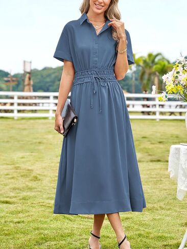 ECOWISH Womens Midi Dress Summer Spring Short Sleeve Button Front Casual A Line Maxi Shirt Dresses with V Neck Pockets 2025 in Saudi Arabia