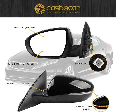 Dasbecan Passenger Side Mirror Compatible with 2011 2012 2013 Kia Optima Right Mirror Black with Signal Light, Manual Folding, Power Glass Replace# KI1321152 87620-2T110 (5 PINS) in Saudi Arabia