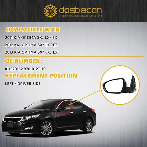 Dasbecan Passenger Side Mirror Compatible with 2011 2012 2013 Kia Optima Right Mirror Black with Signal Light, Manual Folding, Power Glass Replace# KI1321152 87620-2T110 (5 PINS) in Saudi Arabia
