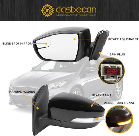 مرآة جانبية للركاب اليمنى Dasbecan متوافقة مع 2015-2018 Ford Focus Black Rearview Mirror w/Turn Signal ، طي يدوي ، زجاج الطاقة ومستشعر درجة الحرارة (7pin) in Saudi Arabia