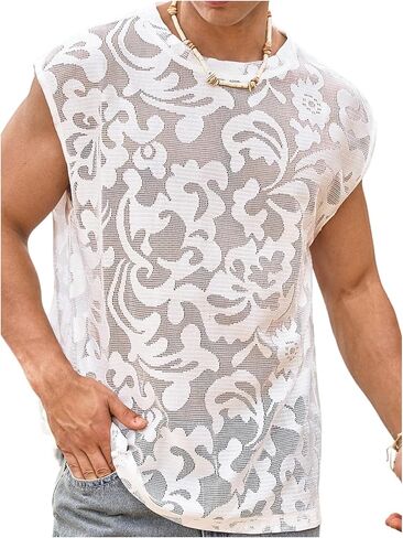 OYOANGLE Men's See Through Lace Embroidery Mesh Tank Top Crew Neck Muscle Sleeveless Tops Clubwear in Kuwait