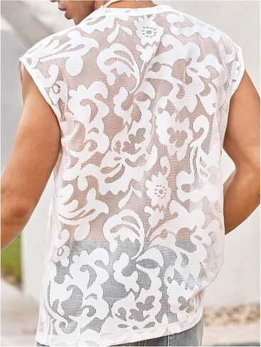 OYOANGLE Men's See Through Lace Embroidery Mesh Tank Top Crew Neck Muscle Sleeveless Tops Clubwear in Kuwait