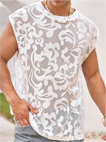 OYOANGLE Men's See Through Lace Embroidery Mesh Tank Top Crew Neck Muscle Sleeveless Tops Clubwear in Kuwait