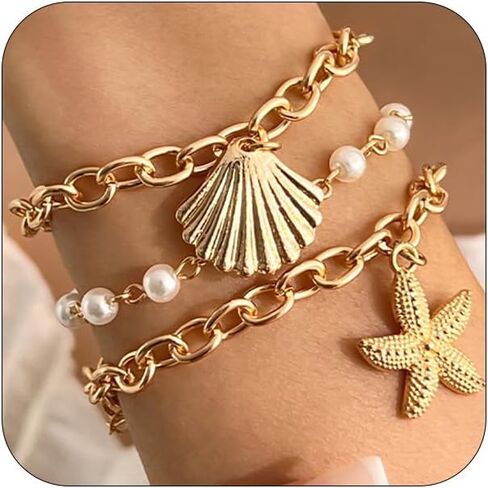 Boho Gold Starfish Sea Shell Pearl Bracelets for Women Trendy ، بيان Seashell Star Beachy سلسلة سوار الشاطئ المحيط الحفلات عطلة المجوهرات in Saudi Arabia
