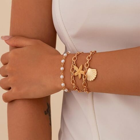 Boho Gold Starfish Sea Shell Pearl Bracelets for Women Trendy ، بيان Seashell Star Beachy سلسلة سوار الشاطئ المحيط الحفلات عطلة المجوهرات in Saudi Arabia