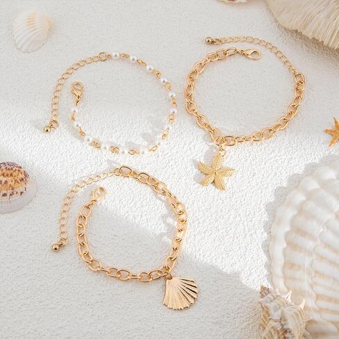 Boho Gold Starfish Sea Shell Pearl Bracelets for Women Trendy ، بيان Seashell Star Beachy سلسلة سوار الشاطئ المحيط الحفلات عطلة المجوهرات in Saudi Arabia