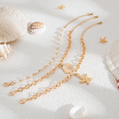 Boho Gold Starfish Sea Shell Pearl Bracelets for Women Trendy ، بيان Seashell Star Beachy سلسلة سوار الشاطئ المحيط الحفلات عطلة المجوهرات in Saudi Arabia