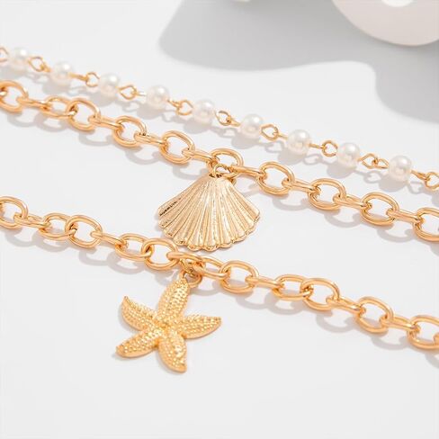Boho Gold Starfish Sea Shell Pearl Bracelets for Women Trendy ، بيان Seashell Star Beachy سلسلة سوار الشاطئ المحيط الحفلات عطلة المجوهرات in Saudi Arabia