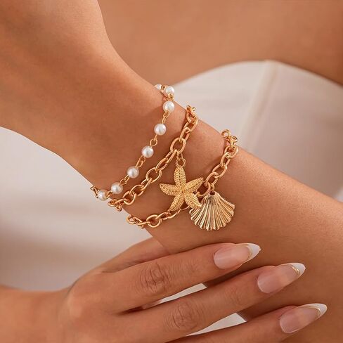 Boho Gold Starfish Sea Shell Pearl Bracelets for Women Trendy ، بيان Seashell Star Beachy سلسلة سوار الشاطئ المحيط الحفلات عطلة المجوهرات in Saudi Arabia