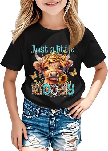 Girls Western Cow T-Shirts - Cute Cowgirl Outfits for Kids Short Sleeve Shirts Funny Tops Rodeo Graphic Summer Tee in Saudi Arabia