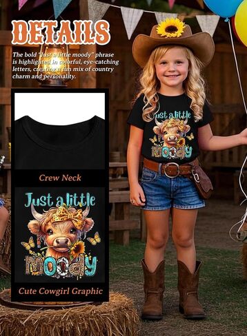 Girls Western Cow T-Shirts - Cute Cowgirl Outfits for Kids Short Sleeve Shirts Funny Tops Rodeo Graphic Summer Tee in Saudi Arabia