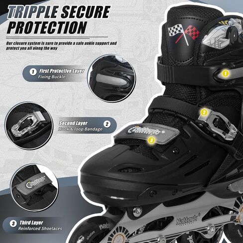 Nattork Kids Inline Skates ديكورات سيارات السباق الرائعة للأولاد والبنات والأطفال، 4 مقاسات زلاجات رباعية قابلة للتعديل مع جميع العجلات المضيئة - هدية عيد ميلاد للرياضات الداخلية والخارجية in Saudi Arabia