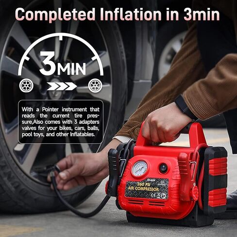 حزمة طاقة قفزة للسيارات مع ضاغط الهواء ، 1000A 12V حزمة طاقة للبطارية الدهنية ذات الحشدية الرصاصية مع مقبس USB ومنفذ DC ، 150psi تضخم الإطارات مع 3 محولات in Kuwait
