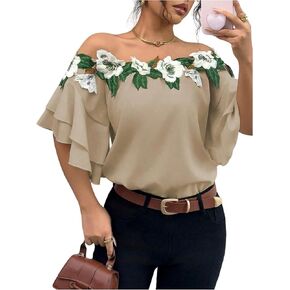 MakeMeChic Women's Off The Shoulder Top Tassel Textured Blouse Boho Ruffle Tiered Short Sleeve Shirts in Kuwait