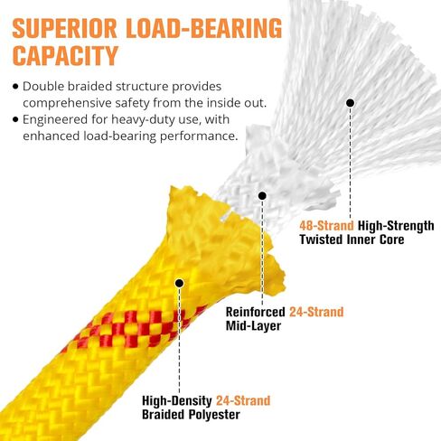 Double Braided Arborist Rigging Rope - 1/2 in X 150 ft 48 Strands Outdoor Pulling Heavy Duty Polyester Bull Rope for Swing Tree Work Camping Rescue Hiking Logging - Orange in Kuwait