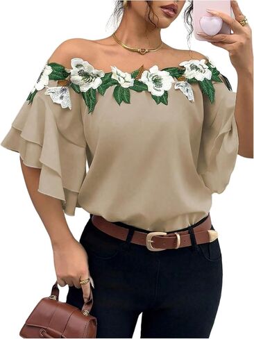 MakeMeChic Women's Off The Shoulder Top Tassel Textured Blouse Boho Ruffle Tiered Short Sleeve Shirts in Kuwait