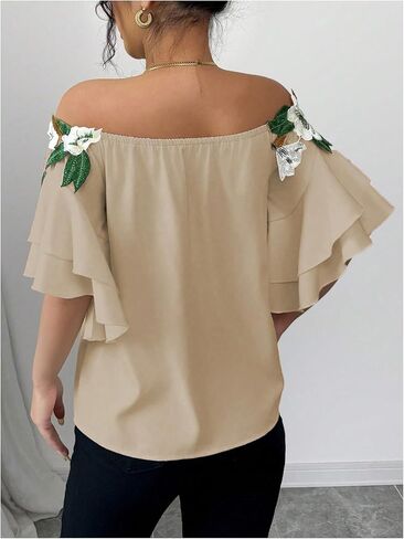 MakeMeChic Women's Off The Shoulder Top Tassel Textured Blouse Boho Ruffle Tiered Short Sleeve Shirts in Kuwait