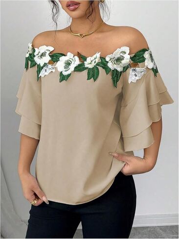 MakeMeChic Women's Off The Shoulder Top Tassel Textured Blouse Boho Ruffle Tiered Short Sleeve Shirts in Kuwait