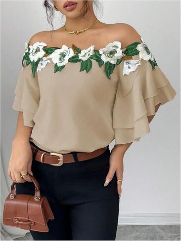 MakeMeChic Women's Off The Shoulder Top Tassel Textured Blouse Boho Ruffle Tiered Short Sleeve Shirts in Kuwait