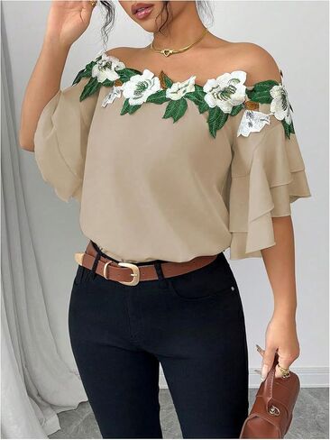 MakeMeChic Women's Off The Shoulder Top Tassel Textured Blouse Boho Ruffle Tiered Short Sleeve Shirts in Kuwait