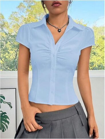 SOLY HUX Women's Button Down Short Sleeve Shirts Y2k Preppy Crop Tops Coquette Aesthetic Clothes in Saudi Arabia