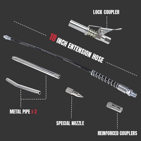 Thorstone Grease Gun Kit, 7000PSI Heavy Duty Pistol Grip Grease Guns Set | Loop & Lock Storage | 14oz Load Capacity | 18" Flex Hose | 1 Lock Coupler | 1 90 Degree Grease Coupler | 1 Basic Coupler in Kuwait