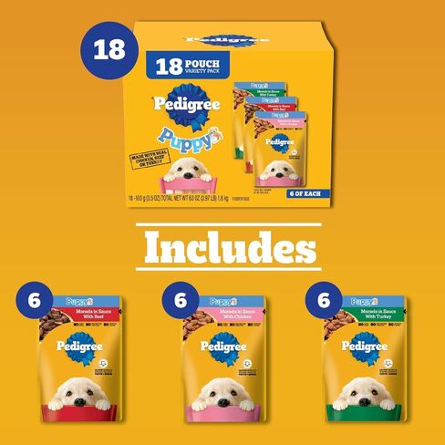 Pedigree Puppy Soft Wet Dog Food, 8-Count Variety Pack, 3.5 oz. Pouches (Pack of 2) in Kuwait