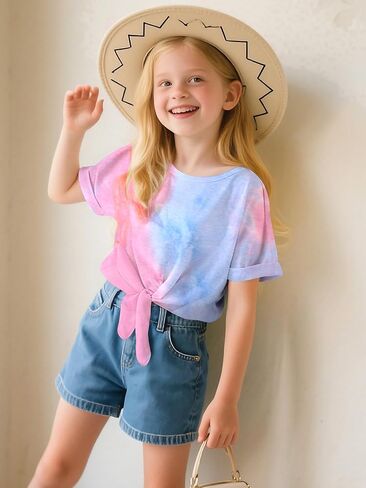 Girls Crop Top Tie Dye Short Sleeve Summer T Shirt Rolled Cuffs Tie Hem Fashion Shirts Tee 6-15 Years in Kuwait