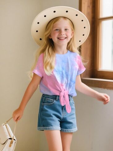 Girls Crop Top Tie Dye Short Sleeve Summer T Shirt Rolled Cuffs Tie Hem Fashion Shirts Tee 6-15 Years in Kuwait