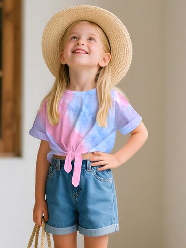 Girls Crop Top Tie Dye Short Sleeve Summer T Shirt Rolled Cuffs Tie Hem Fashion Shirts Tee 6-15 Years in Kuwait