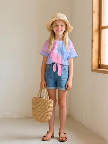 Girls Crop Top Tie Dye Short Sleeve Summer T Shirt Rolled Cuffs Tie Hem Fashion Shirts Tee 6-15 Years in Kuwait