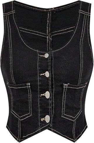 OYOANGLE Women's Button Front Denim Vest Tank Top Scoop Neck Sleeveless Jean Waistcoat in Saudi Arabia