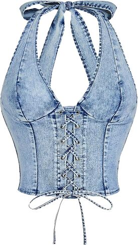 MakeMeChic Women's Y2K Denim Vest Tops Sleeveless Shirred Lace Up Tie Backless Halter Jean Top in Saudi Arabia