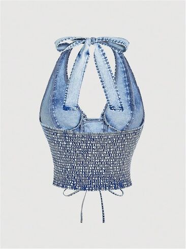 MakeMeChic Women's Y2K Denim Vest Tops Sleeveless Shirred Lace Up Tie Backless Halter Jean Top in Saudi Arabia