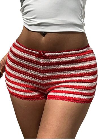 MakeMeChic Women's Y2k Striped Crochet Micro Mini Shorts Low Waist Knit Lounge Shorts Loungewear in Saudi Arabia
