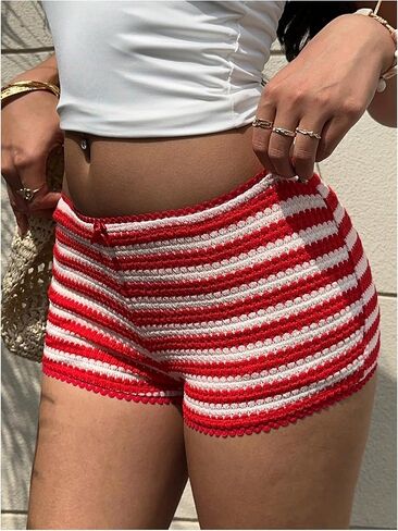 MakeMeChic Women's Y2k Striped Crochet Micro Mini Shorts Low Waist Knit Lounge Shorts Loungewear in Saudi Arabia