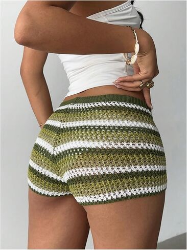 Makemechic Women's Y2K مخطط الكروشيه Micro Shorts منخفضة الخصر صالة شورت صالة صالة in Kuwait