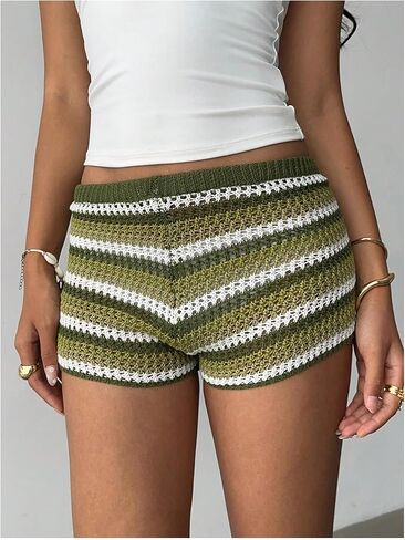 Makemechic Women's Y2K مخطط الكروشيه Micro Shorts منخفضة الخصر صالة شورت صالة صالة in Kuwait