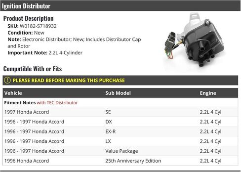 Ignition Distributor Cap and Rotor - with TEC Distributor Compatible with 1996-1997 Honda Accord 2.2L 4-Cylinder in Saudi Arabia