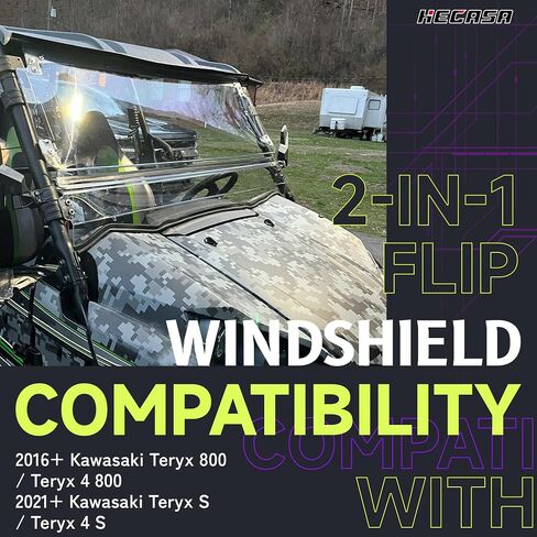 Hecasa 2-in-1 Flip Windshield متوافق مع 2016+ Kawasaki Teryx 4 800 2021+ Kawasaki Teryx 4 S Open Fold أسفل الزجاج الأمامي الصافي مقاوم للخدش (غاز نابض*2) in Saudi Arabia