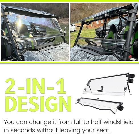 Hecasa 2-in-1 Flip Windshield متوافق مع 2016+ Kawasaki Teryx 4 800 2021+ Kawasaki Teryx 4 S Open Fold أسفل الزجاج الأمامي الصافي مقاوم للخدش (غاز نابض*2) in Saudi Arabia