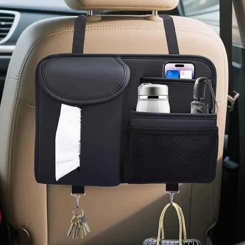 Backseat Car Organizer, Leather Rear Seat Organizer with Tissue Box and Hooks, Multifunctional Car Behind Seat Storage Bag for Road Trips, Travel Accessories in Saudi Arabia