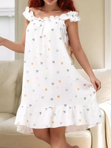 Women's Cotton Gauze Nightgown Sleeveless Ruffle Dress Frill Strap Short House Dress Comfy Sleepdress in Saudi Arabia
