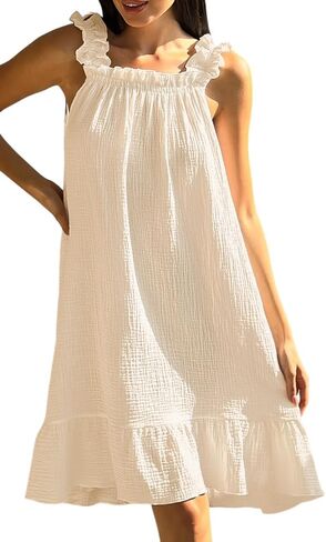 Women's Cotton Gauze Nightgown Sleeveless Ruffle Dress Frill Strap Short House Dress Comfy Sleepdress in Saudi Arabia