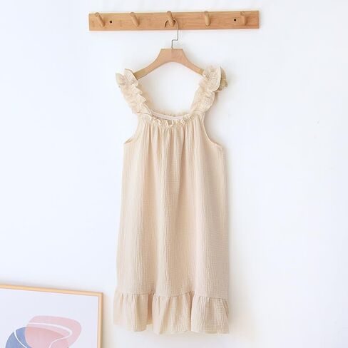 Women's Cotton Gauze Nightgown Sleeveless Ruffle Dress Frill Strap Short House Dress Comfy Sleepdress in Saudi Arabia